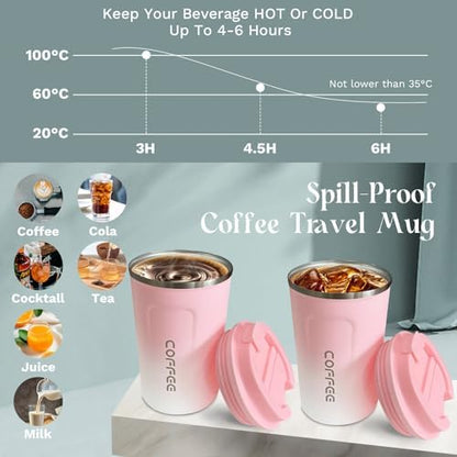 YINBAOGE Insulated Travel Coffee Mug Spill Proof Leak Proof Pobtable To Go Camping Stainless Steel Coffee Tumbler Reusable Coffee Cups with Lids Thermos for Hot and Cold Drink (2nd-Pink White, 17 OZ)