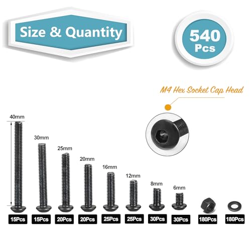 Kadrick Metric Screws Assortment,540 Pcs M4 Screws Nuts Washers Assortment M4x6MM-40MM, Hex Socket Button Head Metric M4 Machine Bolts Kit, 10.9 Grade Alloy Steel,Black Screws for 3D Printing