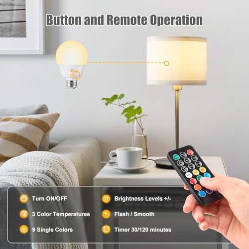 Brightown E26 Rechargeable Light Bulb with Remote and Timer, Battery Backup Bulb for Sconces and Lamps, Magnetic Bulbs for Non-Hardwired Fixture, 3 Color Temperatures + 9 RGB Colors, Dimmable, 2 Pack