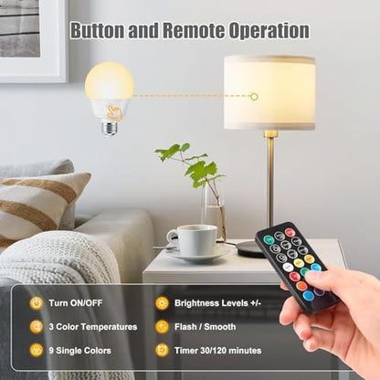 Brightown E26 Rechargeable Light Bulb with Remote and Timer, Battery Backup Bulb for Sconces and Lamps, Magnetic Bulbs for Non-Hardwired Fixture, 3 Color Temperatures + 9 RGB Colors, Dimmable, 2 Pack