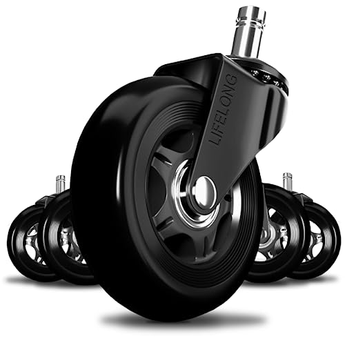 Lifelong Office Chair Wheels Replacement Rubber Chairs Casters for Hardwood Floors and Carpet, Set of 5, Heavy Duty Desk Casters for Chairs to Replace Office Chair Mats - Universal Fit
