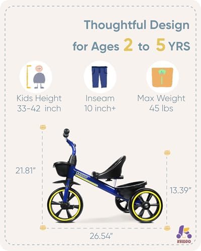 KRIDDO Kids Tricycles Age 24 Month to 4 Years, Toddler Kids Trike for 2.5 to 5 Year Old, Gift Toddler Tricycles for 2-4 Year Olds, Trikes for Toddlers, Blue