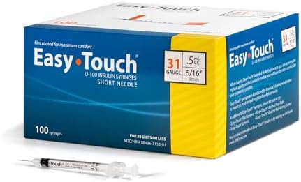 Easy Touch U-100 Insulin Syringe with Needle, 31G 0.5cc 5/16-Inch (8mm), Box of 100