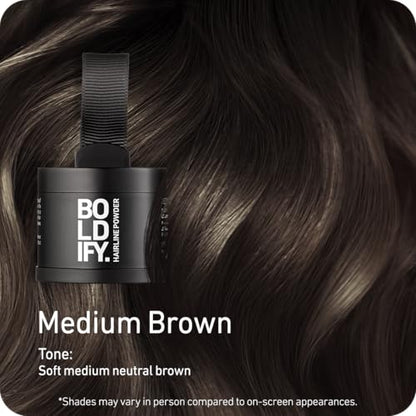 BOLDIFY Hairline Powder - Root Touch Up Hair Color for Gray Coverage - Bald Spot Concealing Hair Powder for Women & Men - 48-Hour Stain-Proof - Medium Brown