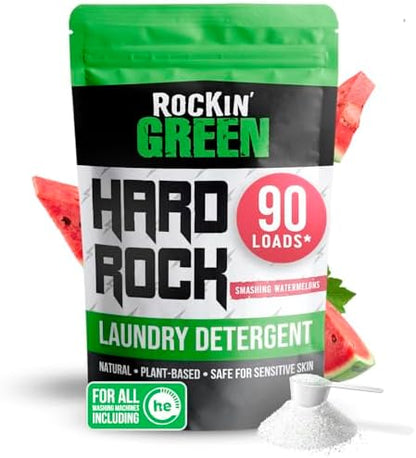 Rockin' Green Hard Rock Laundry Detergent for Hard Water (90 Loads), Plant based, Natural Laundry Detergent Powder, Biodegradable Odor Fighter, Safe for Sensitive Skin, 45 oz (Smashing Watermelons)