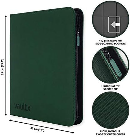 Vault X 12 Pocket Trading Card Zip Binder - 480 cards, Premium Exo-Tec Album Material, 20 Side-Loading Pages, Folder for Collectible Card Games, Sports, TCG (Green)