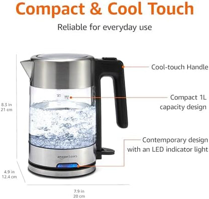 Amazon Basics Electric Kettle with Glass Carafe for Tea and Coffee, BPA-Free, Fast Boiling, Auto Shut-Off, 1.1 Quarts, 1500W, Glass and Steel