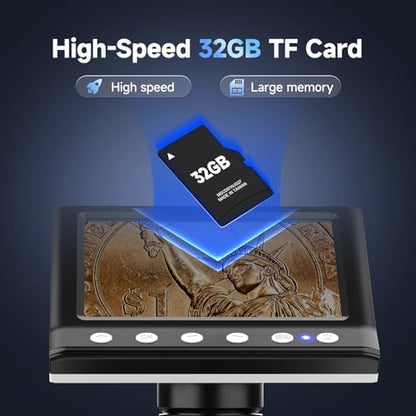 LPM7 4.3" Coin Microscope, IPS Digital Microscope for Adults, Coin Magnifier with 8 LED Lights, Windows Compatible, Include 32GB Memory Card