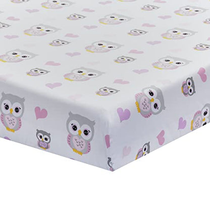 2 Pack Fitted Crib Sheets for Girls in 100% Jersey Knit Cotton – Girl’s Crib Mattress Sheets with a Nature Theme of Owls with Purple and Pink Hearts and a Gray Sheet with Pink Hearts by Everyday Kids