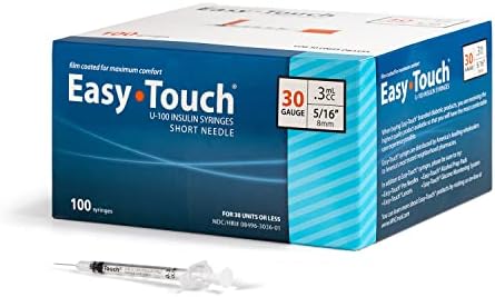 Easy Touch U-100 Insulin Syringe with Needle, 30G 0.3cc 5/16-Inch (8mm), Box of 100