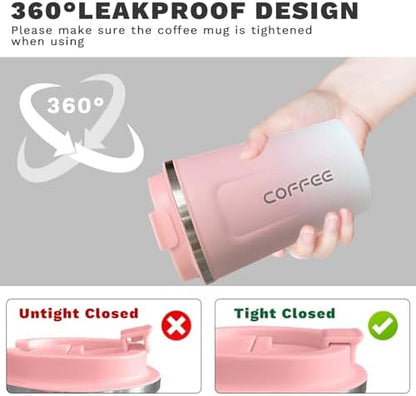 YINBAOGE Insulated Travel Coffee Mug Spill Proof Leak Proof Pobtable To Go Camping Stainless Steel Coffee Tumbler Reusable Coffee Cups with Lids Thermos for Hot and Cold Drink (2nd-Pink White, 17 OZ)