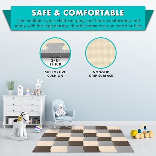 ProSource Foam Puzzle Floor Play Mat for Kids and Babies with Solid Colors, 36 or 16 Interlocking Tiles with Borders, Brown/Beige/Grey