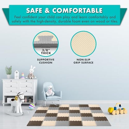 ProSource Foam Puzzle Floor Play Mat for Kids and Babies with Solid Colors, 36 or 16 Interlocking Tiles with Borders, Brown/Beige/Grey