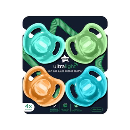 Tommee Tippee Ultra-Light Silicone Pacifier, 18-36 Months, Symmetrical One-Piece Design, BPA-Free Silicone Binkies, Blue/Orange/Green, Pack of 4