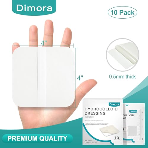 Dimora Hydrocolloid Dressing 4" x 4" for Wound Care, 10 Pack Large Patch Bandages with Self-Adhesive for Bedsore, Burn, Blister, Acne Care, Super Absorbent for Fast Healing