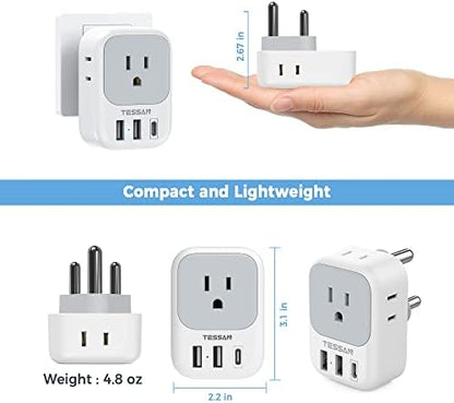 TESSAN South Africa Power Adapter, Type M Plug Adaptor with 4 American Outlets 3 USB Charger (1 USB C Port) for US to Bhutan Botswana Namibia Nepal