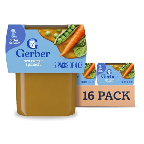 Gerber 2nd Foods Pea, Carrot & Spinach Pureed Baby Food, 4 Ounce Tubs, 2 Count (Pack of 8)