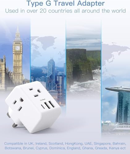 2 Pack US to UK Ireland Travel Plug Adapter, Type G Power Plug Adapter with 3 Outlets 3 USB Ports(1USB C), European Travel Plug Adapter for USA to England London Scotland British Qatar Irish Hongkong