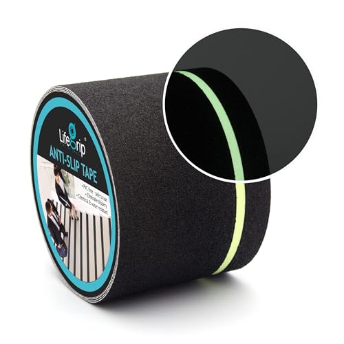 LifeGrip Anti Slip Traction Tape with Glow in Dark Green Stripe, 4 Inch x 38 Feet - Best Grip, Friction, Abrasive Adhesive for Stairs, Tread Step, Indoor and Outdoor, Black (4 inch X 38 feet)
