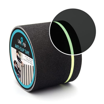 LifeGrip Anti Slip Traction Tape with Glow in Dark Green Stripe, 4 Inch x 38 Feet - Best Grip, Friction, Abrasive Adhesive for Stairs, Tread Step, Indoor and Outdoor, Black (4 inch X 38 feet)