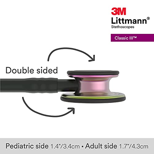 3M Littmann Classic III Monitoring Stethoscope, 5870, More Than 2X as Loud, Weighs Less, Stainless Steel Rainbow-Finish Chestpiece, 27" Black Tube, Stem and Headset