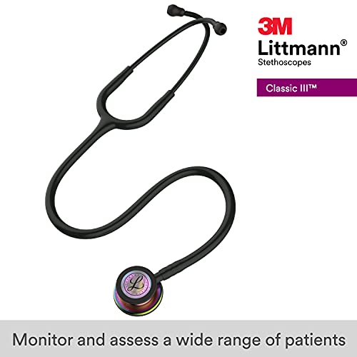 3M Littmann Classic III Monitoring Stethoscope, 5870, More Than 2X as Loud, Weighs Less, Stainless Steel Rainbow-Finish Chestpiece, 27" Black Tube, Stem and Headset