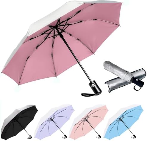 SIEPASA Silver/Pink Compact Travel Umbrella with UPF 50+ UV Protection, Windproof and Auto Open/Close