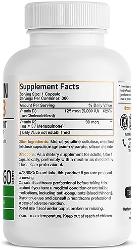 Bronson Vitamin K2 (MK7) with D3 Supplement Non-GMO Formula 5000 IU Vitamin D3 & 90 mcg K2 MK-7 Easy to Swallow D & K Complex, 360 Capsules