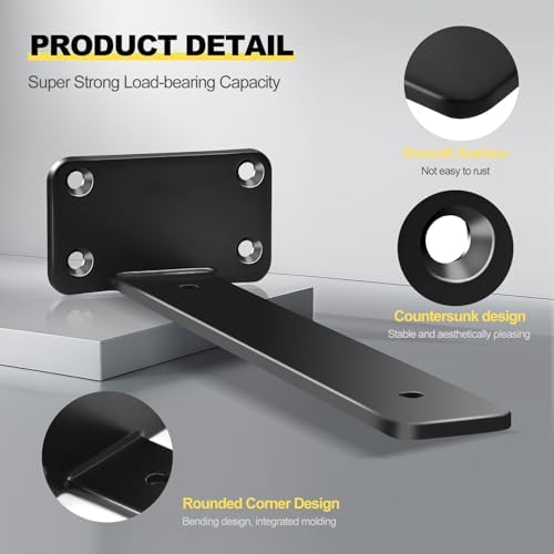 12 Pack - 10 inch Black Hidden L Shelf Bracket (1/5 Inch Thicked) Iron Floating Shelf Brackets Rustic Industrial Metal Brackets for Shelf Support