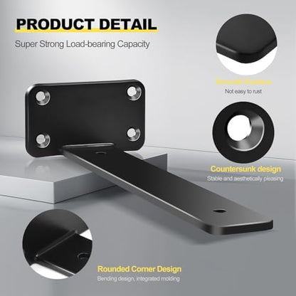 12 Pack - 10 inch Black Hidden L Shelf Bracket (1/5 Inch Thicked) Iron Floating Shelf Brackets Rustic Industrial Metal Brackets for Shelf Support