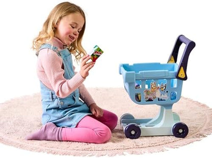 The Bluey Shopping Trolley | with Free-Rolling Wheels and Rotating Handle. The Ideal Size for Toddlers | Stands at 19.3 Inch Tall | 8 Colorful Cardboard Shopping Goods are Included with This Trolley