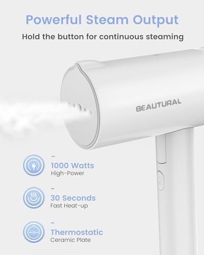 BEAUTURAL Steamer for Clothes, Portable Garment Wrinkle Remover, Fast 30s Heat-up, Foldable and Handheld, 120V Only (Not for 220V Europe)