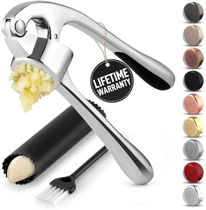 Zulay Kitchen Premium Garlic Press Set - Rust Proof & Dishwasher Safe Professional Garlic Mincer Tool - Easy-Squeeze, Easy-Clean with Soft, Ergonomic Handle - Silicone Garlic Peeler & Brush (Chrome)