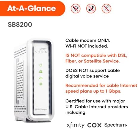 ARRIS (SB8200) - Cable Modem - Fast DOCSIS 3.1 32x8 Gigabit Cable Modem , Approved for Comcast Xfinity, Cox, Charter Spectrum, & more | 1 Gbps Max Internet Speed, 4 OFDM Channels - (No Built-in Wifi)