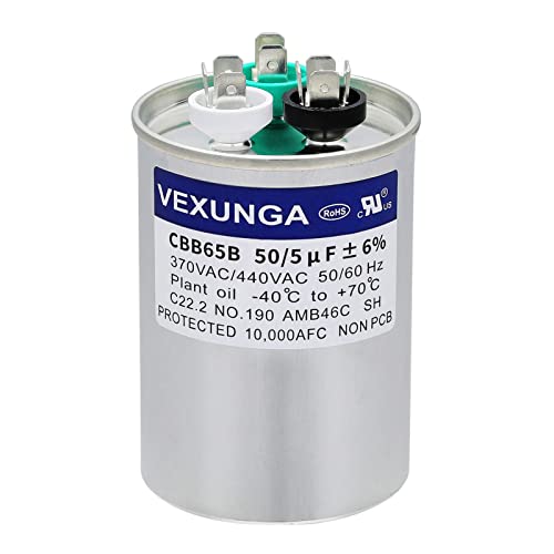 50/5 uF 50+5 MFD 370VAC or 440VAC Dual Run Start Round A/C Capacitor CBB65 CBB65B Air Conditioner Capacitors for AC Unit Fan Motor Start or Heat Pump or Condenser Straight Cool