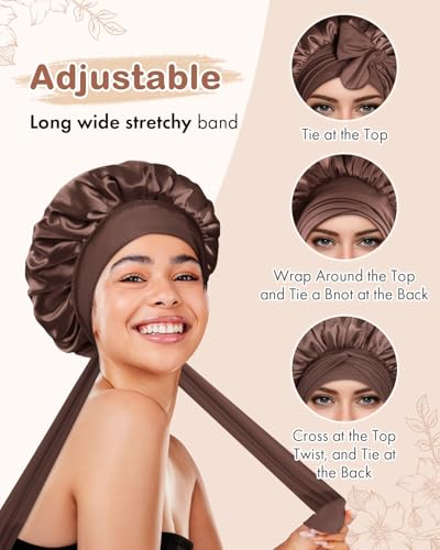 BONNET QUEEN Silk Bonnet for Sleeping Women Satin Bonnet Night Sleep Cap Wrap for Curly Hair with Adjustable Tie Band, Single Layer, Brown+Balck