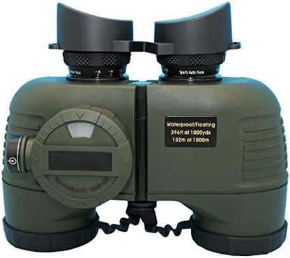 Hooway 7x50 HD Waterproof Military Marine Binoculars w/Internal Rangefinder & Compass for,Bird Watching,Boating and More(Army Green) …