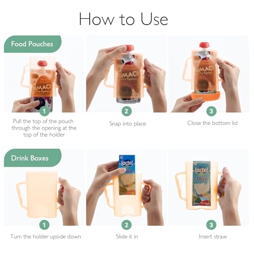 Momcozy Squeeze Pouch Holder for Food Pouches and Drink Boxes, Baby Pouch Holder Allows Baby to Self-feed and Avoid Messes, Baby Food Pouch Holder Handle is Easy to Grip, Comfortable, Green&Orange