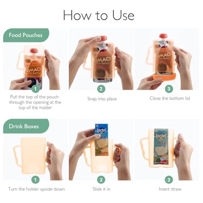 Momcozy Squeeze Pouch Holder for Food Pouches and Drink Boxes, Baby Pouch Holder Allows Baby to Self-feed and Avoid Messes, Baby Food Pouch Holder Handle is Easy to Grip, Comfortable, Green&Orange
