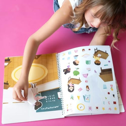 CUPKIN Sticker Book for Kids 2-4, 500+ Kids Stickers, Let's Go to School 12 Coloring Pages 12 Side by Side Scenes, Fun Toddler Travel Activity Coloring and Sticker Books for Ages 4-8 + 8-10