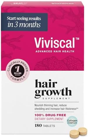 Viviscal Hair Growth Supplements for Women, Thicker Fuller Hair Support for Thinning Hair and Hair Loss, with Biotin and Marine Collagen, Drug-Free, 180 Tablets, 90-Day Supply