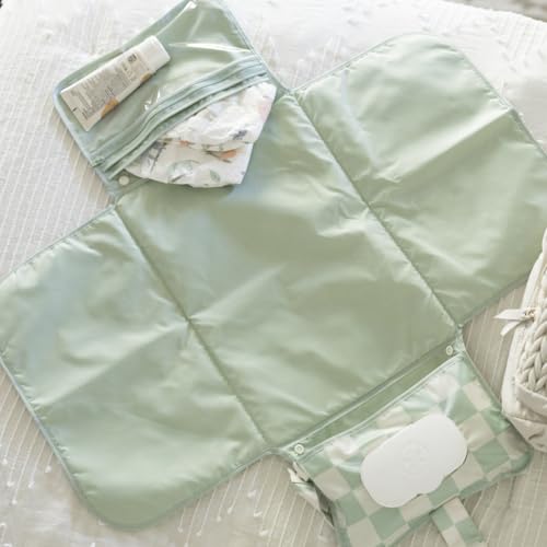 Tiny Twinkle Portable Diaper Changing Pad-Foldable Waterproof Changing Mat&Portable Changing Pad for Travel,Baby Changing Station with Smart Wipes Pocket&Storage (Sage Checkers)