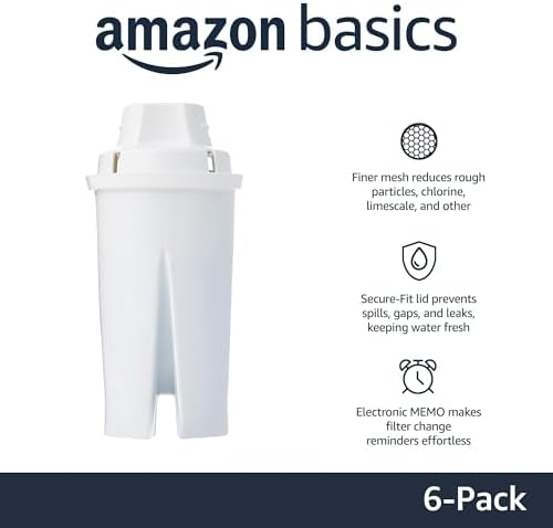 Amazon Basics Replacement Water Filters for Water Pitchers, BPA-Free, WQA & NSF Certified, Compatible with Brita Water Pitchers & Drinking Water Filter Systems, 1 Year Filter Supply, 6-Pack
