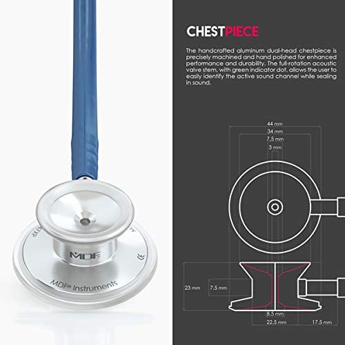 MDF Instruments, Acoustica Lightweight Stethoscope for Doctors, Nurses, Students, Home Health Use, Adult, Dual Head, Navy Blue Tube, Silver Chestpiece-Headset, MDF747XP04
