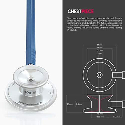 MDF Instruments, Acoustica Lightweight Stethoscope for Doctors, Nurses, Students, Home Health Use, Adult, Dual Head, Navy Blue Tube, Silver Chestpiece-Headset, MDF747XP04