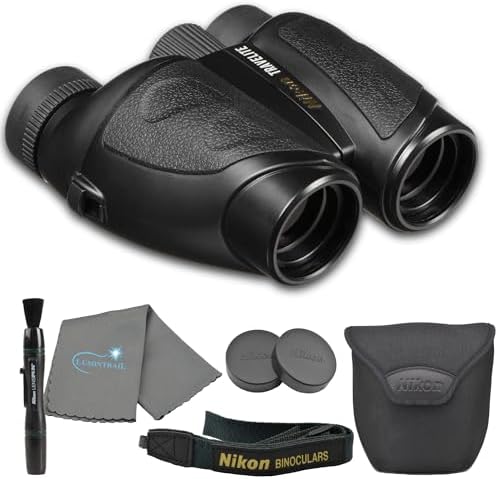 Nikon Travelite 10x25 Binoculars (7278) Travel Binoculars Bundle, Black, with Nikon Lens Pen, Carry Case, and Lens Cloth - High Powered Compact for Adults - Bird Watching, Hunting, Hiking