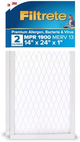 Filtrete 14x24x1 AC Furnace Air Filter, MERV 13, MPR 1900, Premium Allergen, Bacteria & Virus Filter, 3-Month Pleated 1-Inch Electrostatic Air Cleaning Filter, 2-Pack (Actual Size 13.81x23.81x0.78 in)