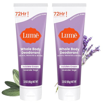 Lume Whole Body Deodorant - Invisible Cream Tube - 72 Hour Odor Control - Aluminum Free, Baking Soda Free, Skin Safe - 3.0 ounce (Pack of 2) (Lavender Sage)