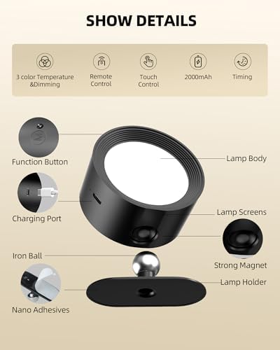 LED Wall Mounted Lights, Rechargeable Wall Sconces Lamp, 3 Color Temps & Remote and Touch, 360°Rotation Dimmable Cordless Wall Light for Study Bedroom Reading Bedside(Black, 2 Pack)