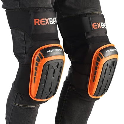 REXBETI Knee Pads for Work, Construction Knee Pads for Men, Heavy Duty Comfortable Anti-slip Foam Gel Knee Pads for Gardening Flooring and Cleaning, Strong Stretchable Straps, Orange